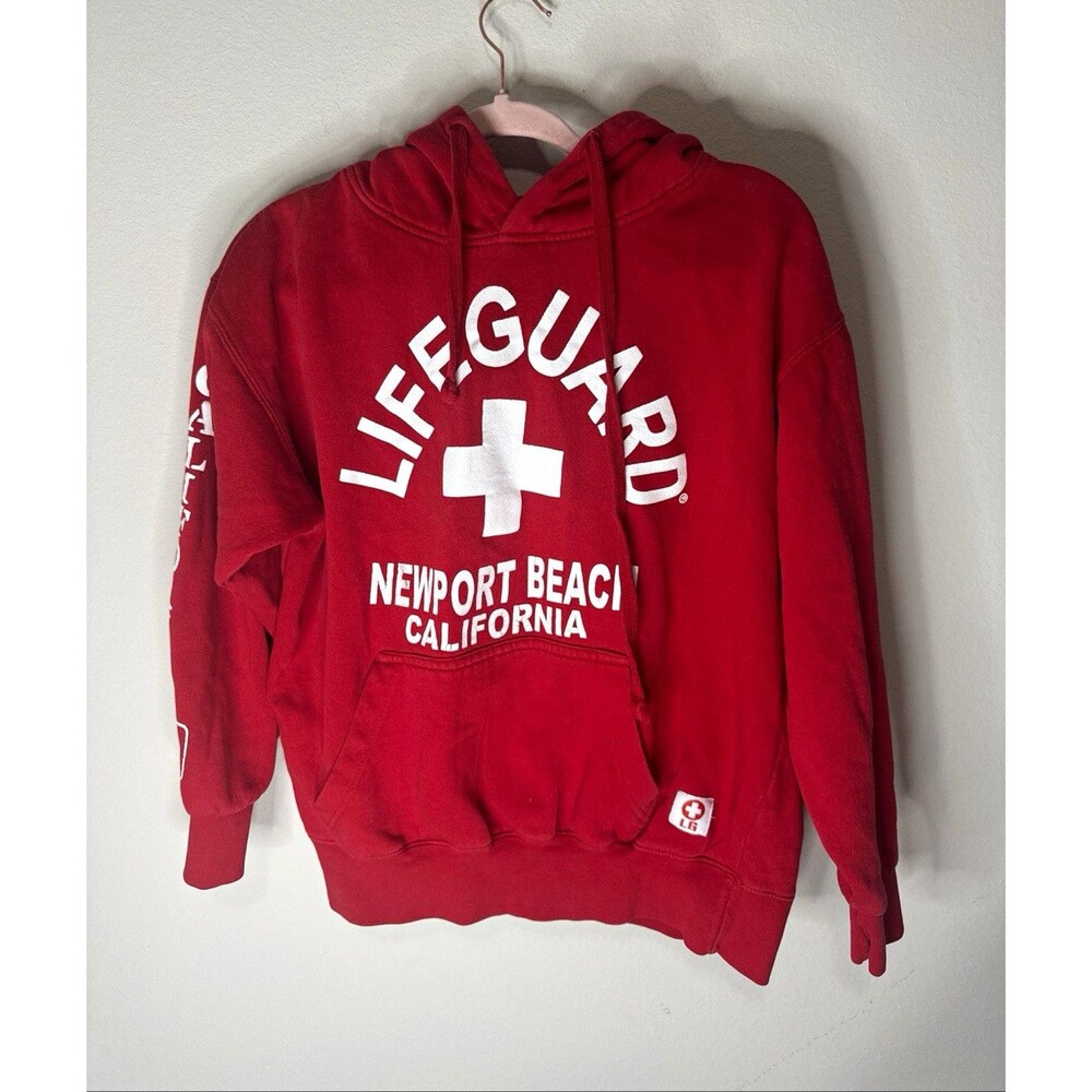Lifeguard Men's Red Newport Beach CA Graphic Logo Pullover Hoodie Pockets M
